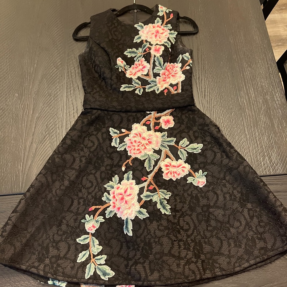 Floral Embroidered Black Kids Dress